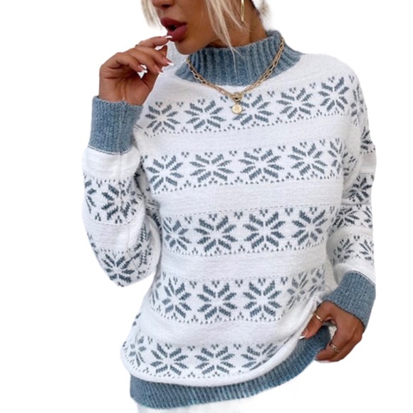 Snowflake Mock Turtleneck in White & Blue - Picture 4 of 4